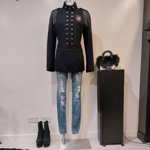 💥KILLER DESIGN💥Vintage Steampunk Chain Shoulder Military Wool Coat in Black - Picture 2 of 16